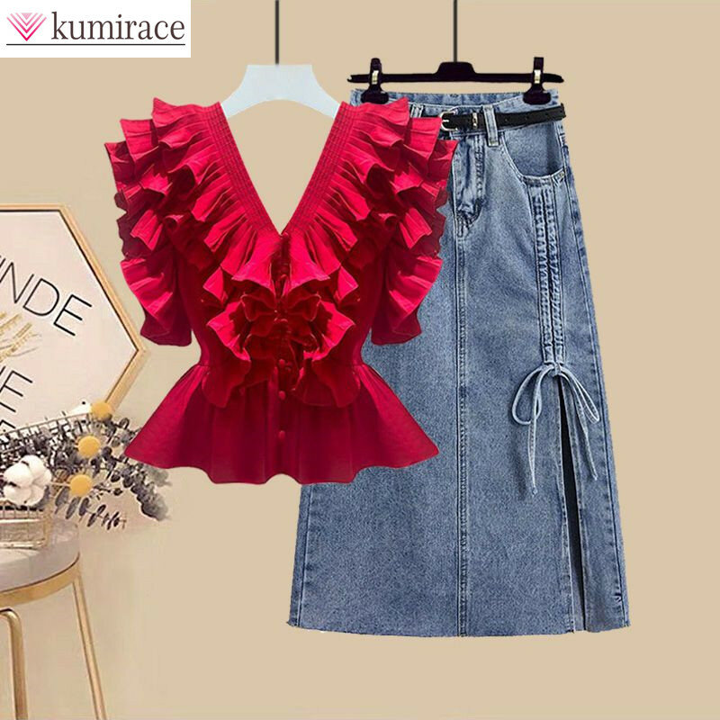 Conjunto superior versátil estilo coreano feminino, envoltório de cintura para mostrar saia jeans fina, novo estilo coreano, primavera e verão, 2 peças