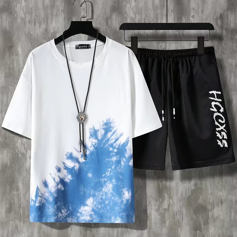 メンズ半袖Tシャツとショーツのセット,夏とアウトドアのスポーツウェア,ファッショングラデーション,2022