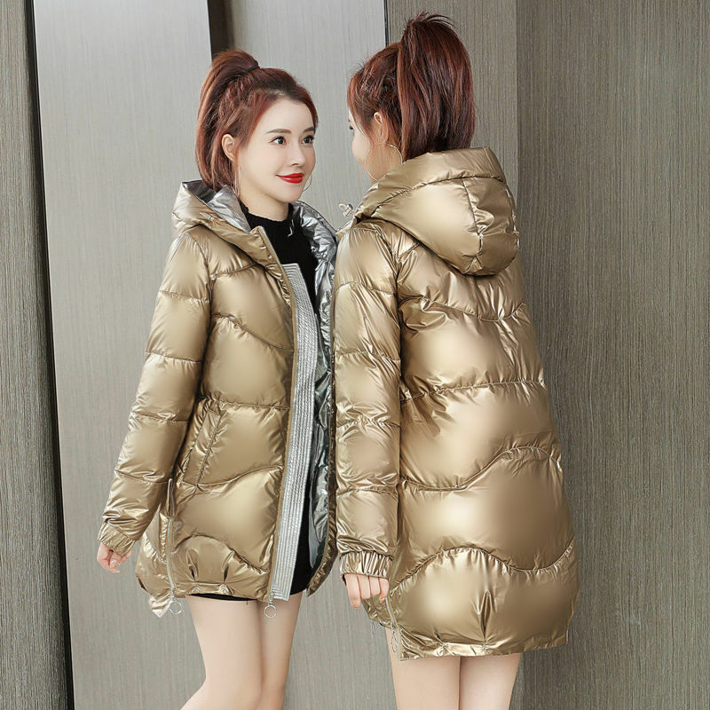 女性のための光沢のある生地のコート,厚くて暖かい,フード付きパーカー,ゆったりとしたカジュアルなアウター,ポケット付き