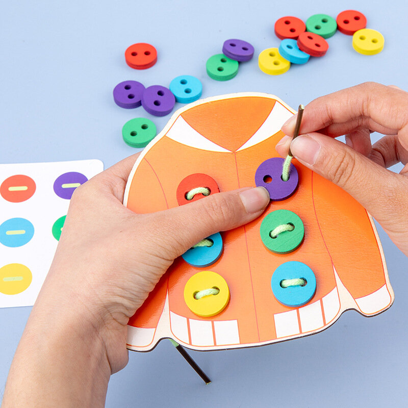 키즈 재밌는 옷 스레딩 버튼 바느질 보드 게임 기본 생활 기술 학습 장난감 유아 조기 교육 몬테소리 완구