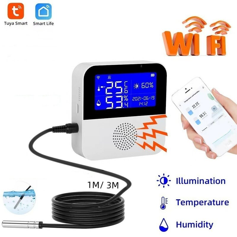 Tuya Sensor Suhu Kelembaban WiFi dengan Probe Eksternal Layar LCD Monitor Jarak Jauh Termometer Dalam Ruangan Higrometer Aplikasi Kehidupan Pintar