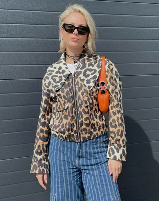 Abrigo de leopardo para mujer, chaqueta de motocicleta de manga larga, holgada, con cremallera, con solapa de alta calidad, estilo Y2K, 2024