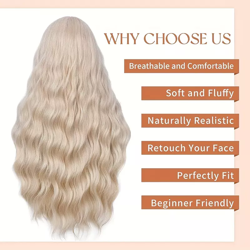 Platynowa blond peruka syntetyczna koronka dla kobiet, długie kręcone faliste peruki, żaroodporne, środkowa część, naturalny wygląd, 26"
