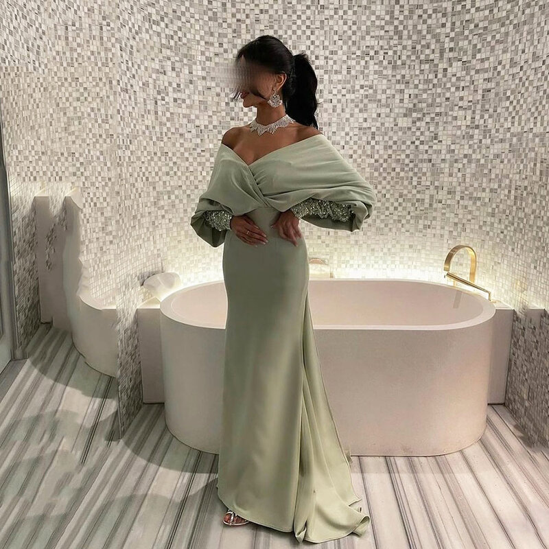 Msikoods Bodycon Trumpet Evening Dresses Silk Satin Off The Shoulder Long Sleeves Saudi Arabia Prom Gown Women For Wedding Party