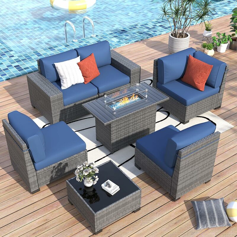 Outdoor Patio Furniture Set with Fire Pit Table, Wide Outdoor Sectional Rattan Sofa Set, Wicker Patio Conversation Set w/Cover