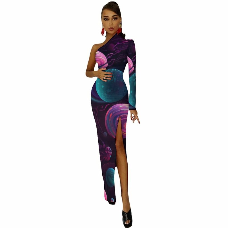 Женское длинное платье с разрезами по бокам, фиолетовое облегающее Платье макси с разрезом, яркое платье в космическом стиле, для весны