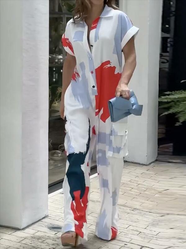 Yeezzi 여성용 프린트 와이드 레그 라펠 점프수트, 반팔, 루즈 캐주얼 하이 스트리트 점프수트, 2024 여름 신상 패션