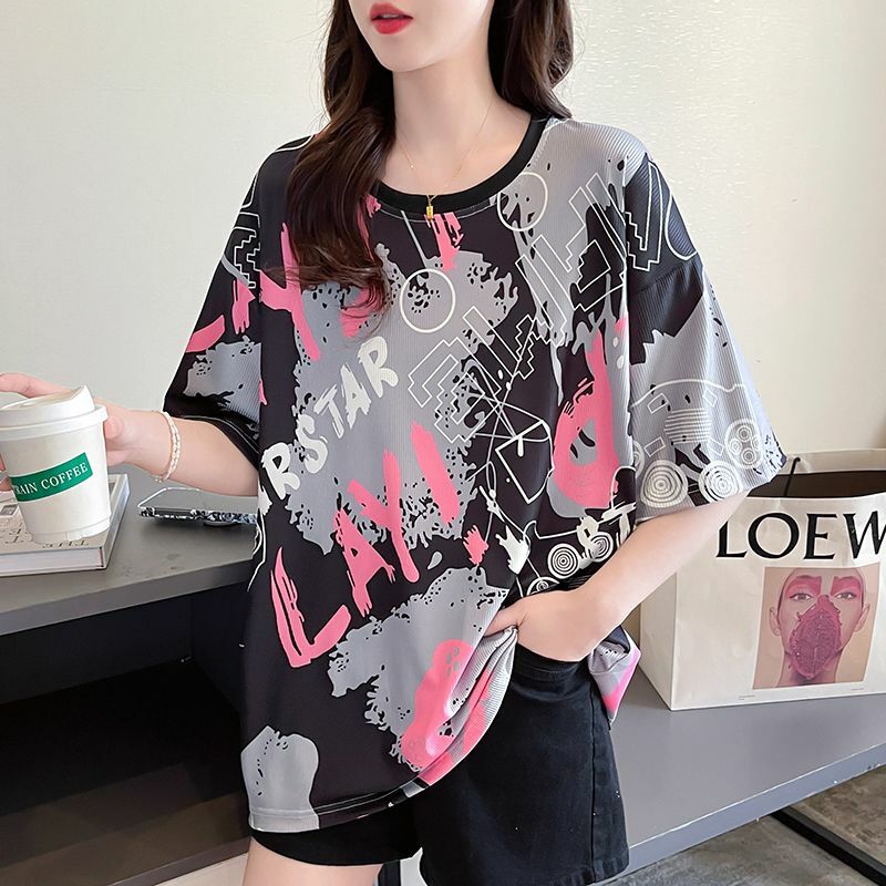 Женская одежда, свободная футболка с коротким рукавом, Стильная летняя Новинка с принтом, корейские пуловеры в молодежном стиле с круглым вырезом и соединением