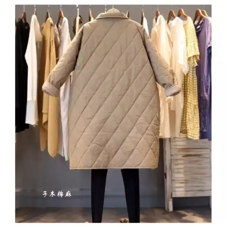 Jaket kebesaran musim gugur dan musim dingin 2023, mantel Parka katun Rhombus tipis longgar, panjang menengah ringan, mantel wanita berlapis
