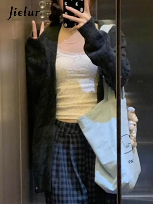 Jielur-Cardigã com decote em v solto feminino, suéter monocromático feminino, simples, stretch, casual, escritório, inverno