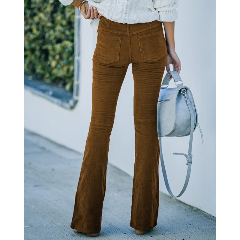 Celana panjang korduroi untuk wanita, celana panjang kasual pinggang tinggi dengan saku, celana panjang Khaki untuk wanita