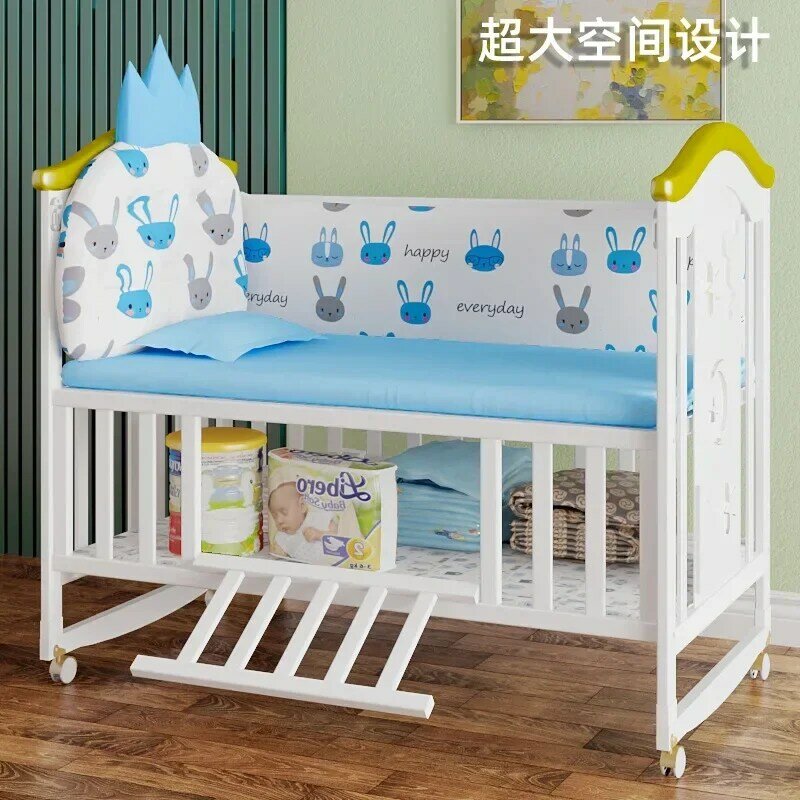 Baby Crib Solid Wood European Style White Multifunctional Baby Bb Movable Newborn Baby Cradle Bed Splicing Large Bed