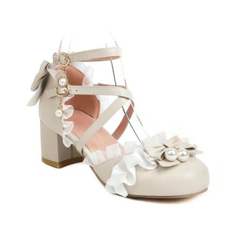 Туфли на высоком каблуке для девочек, босоножки принцессы, модные туфли-лодочки с жемчужинами, бантом и оборками в стиле "Лолита", свадебные женские туфли-лодочки, размеры 30-48