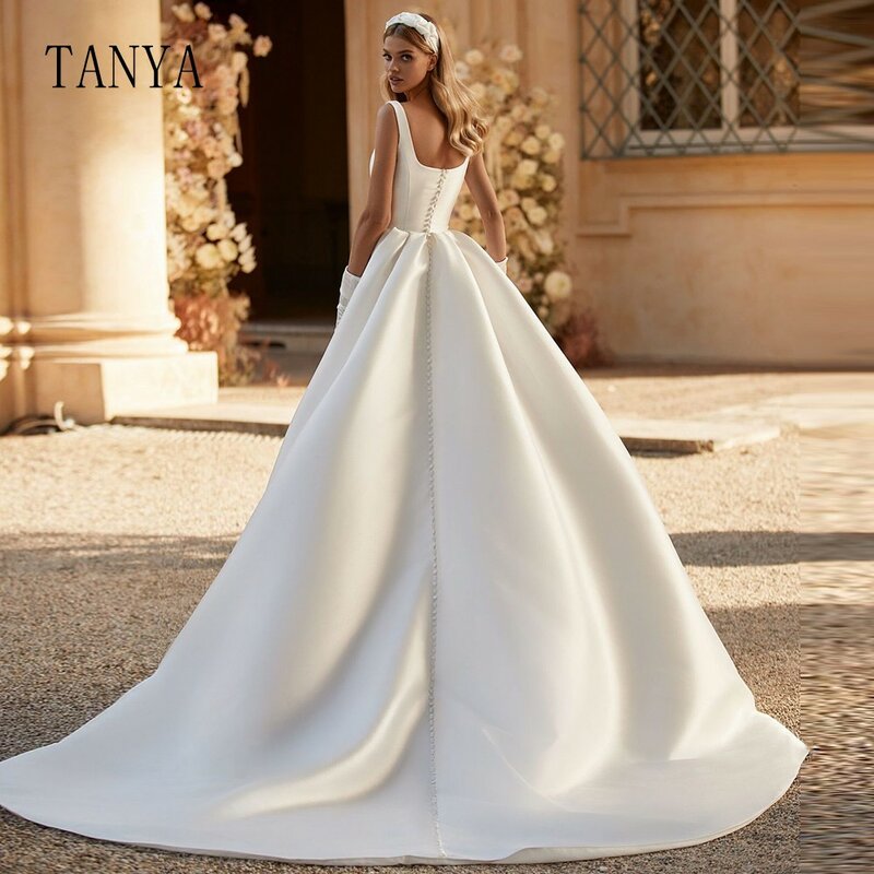 Женское атласное свадебное платье без рукавов, элегантное ТРАПЕЦИЕВИДНОЕ ПЛАТЬЕ С Высоким Разрезом и шлейфом, простое свадебное платье с квадратным вырезом, G4887