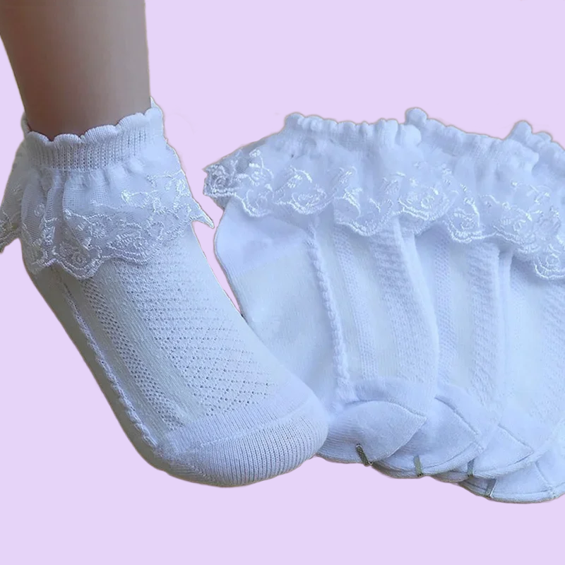 Детские короткие носки, дышащие сетчатые кружевные белые носки принцессы с оборками, белые розовые синие для маленьких девочек, детей, малышей, 4/8 пар