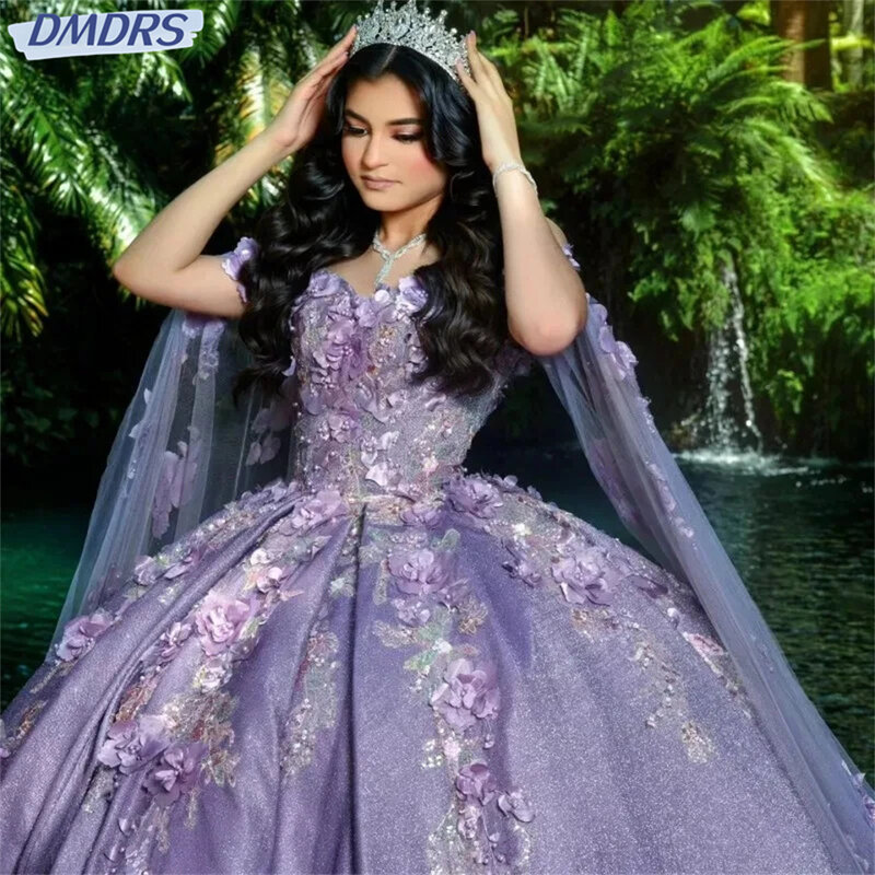 Elegante abito da ballo principessa a mezza manica affascinante abito Quinceanera classico Appliqué di fiori 3D con paillettes con mantello dolce 16 vestito