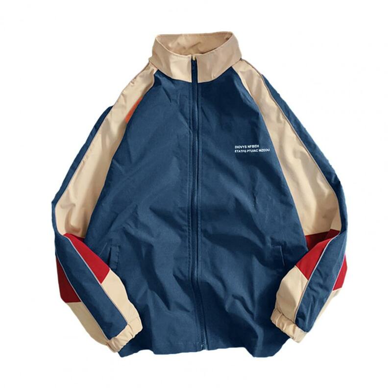 Jaqueta vintage masculina com fecho de correr, bloco de cores, fecho de zíper, gola, streetwear windproof, primavera, outono