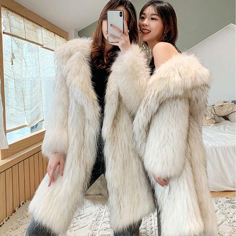2023 Winter fox fur imitation fur coat women's long new warm raccoon fur coat large size leisure windbreaker