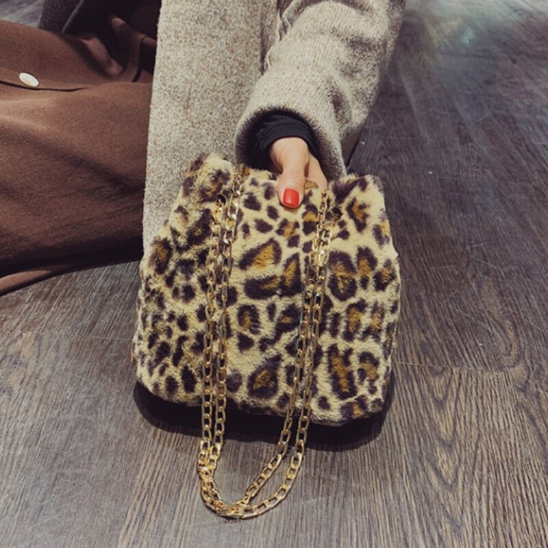 Popular Daily Fashion Bag Leopard Print Plush Messenger Handbag Winter Chain Bag Bucket Shoulder