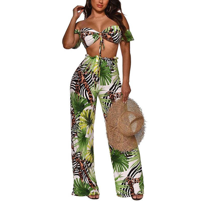 Pantalones de dos piezas para mujer, conjunto de 2 piezas con estampado Floral, estilo bohemio, F0362, traje de playa, ropa de chándal para mujer, 2022