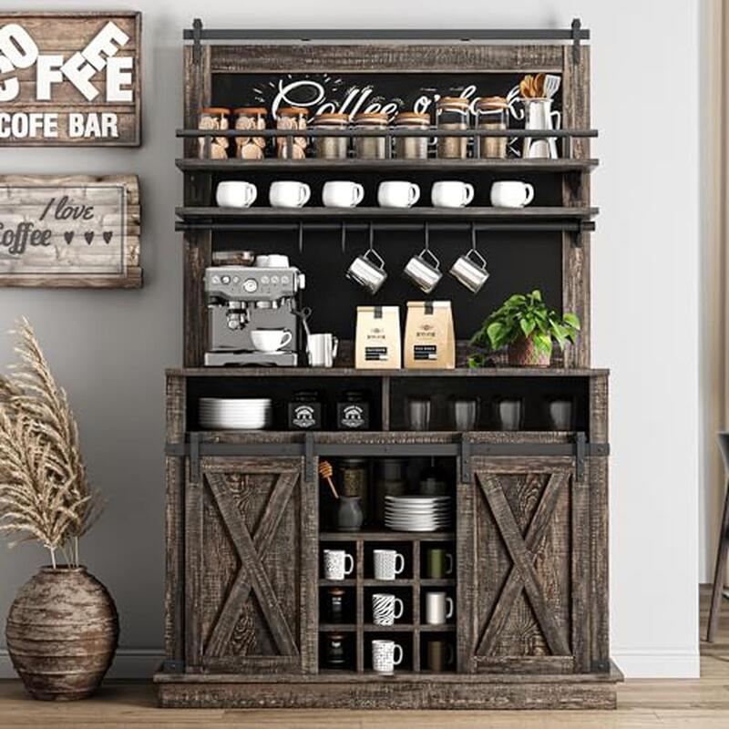 Farmhouse Coffee Bar Cabinet Sliding Barn Door Storage Buffet Sideboard Charm Blackboard DIY Distinctive Feature MDF Metal 75"