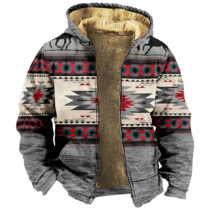 Hoodie etnik Vintage cetakan Tribal Sweatshirt ritsleting lengan panjang mantel kerah berdiri pakaian musim dingin pria wanita