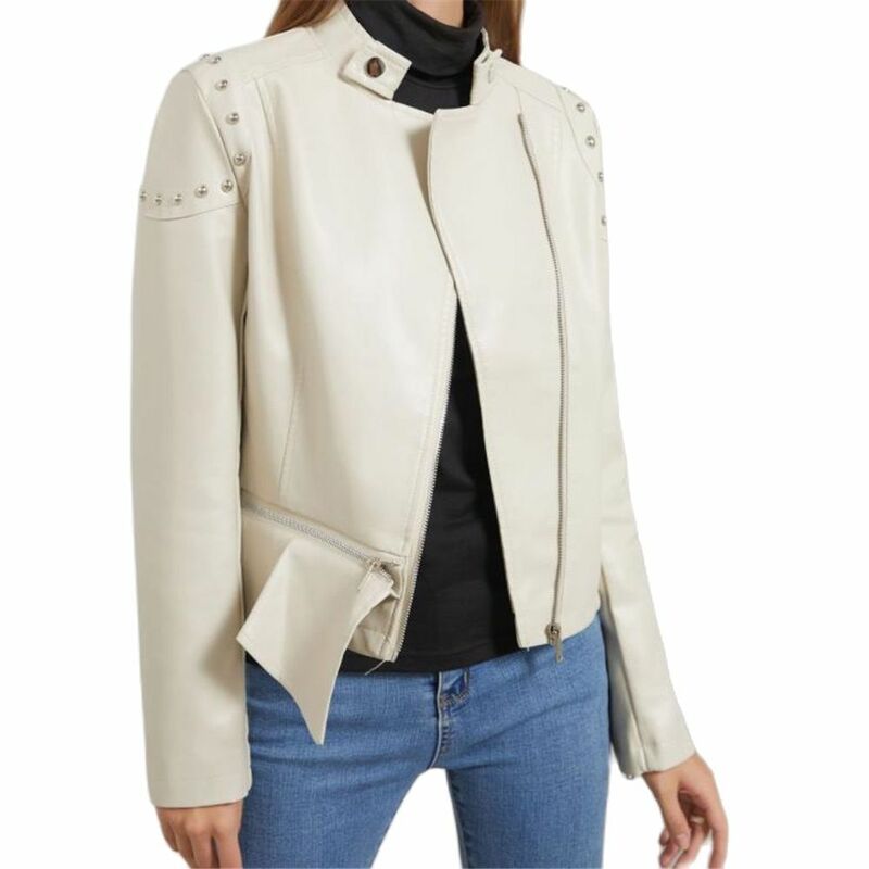 Women's Lapel Splicing PU Leather Jacket Faux Soft Leather Coat Casual Loose Outwear Spring and Autumn Overcoat Moto Frenulum