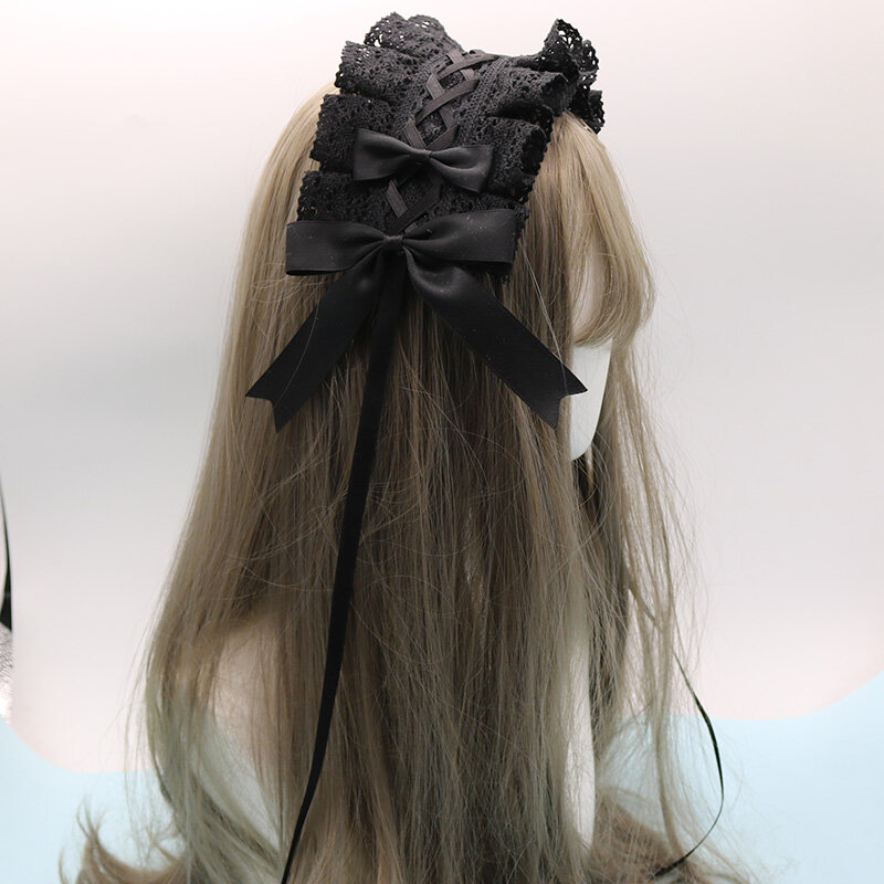 2022 Gothic Bowknot słodki obręcz do włosów Anime Maid Cosplay pałąk Lolita koronkowe nakrycia głowy z kwiatami akcesoria Dropshipping