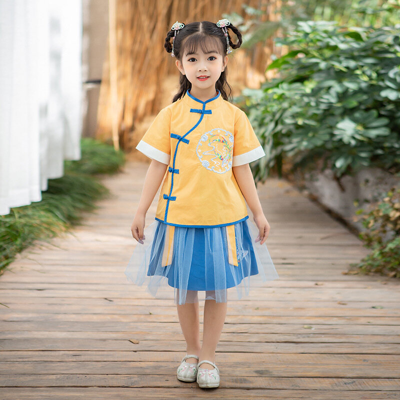 Chłopiec i dziewczynka lato nowy chiński styl Vintage Hanfu dzieci orientalna haftowana dwuczęściowy garnitur wydajność kostium do gry fabularnej