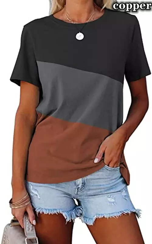 Женская Однотонная футболка свободного покроя, Повседневная хлопковая футболка с коротким рукавом и цветным круглым вырезом, лето 2023