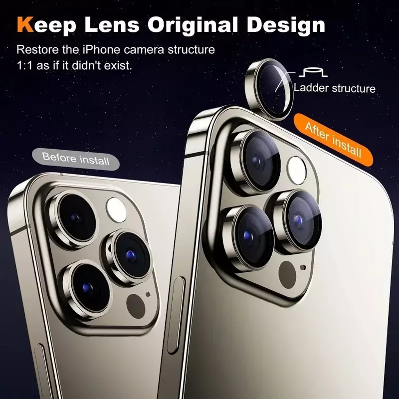 Metal câmera lente protetora para iphone 15 pro max 9h, vidro temperado câmera lente tampa, cor original, 3pcs