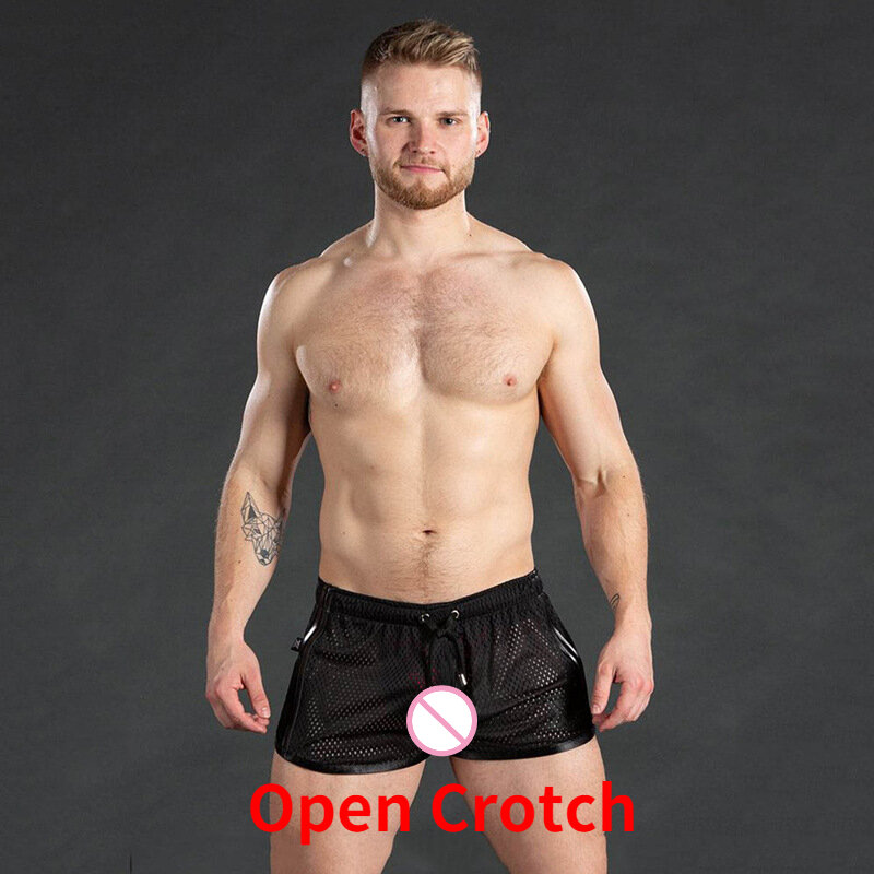 Man Open Crotch Panties  Crotchless Mesh Board Shorts Sexy Gym Gay Double Zipper Breathable Erotic Beach Pants Muscle Swimsuits
