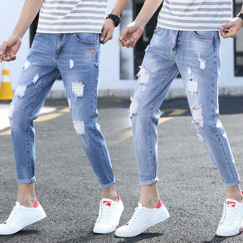 Универсальные легкие стильные рваные мужские джинсы-карандаш в уличном стиле