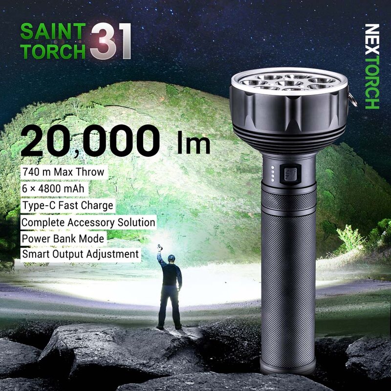Lanterna LED mais poderosa, Saint Torch 31, USB C recarregável, Camping, Holofote, 20000lm, 300W