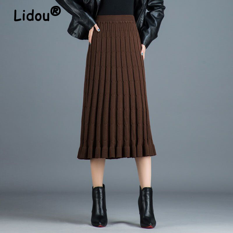 Elegante primavera inverno mulheres de malha saia plissada moda midi saia cor sólida cintura alta magro saias casuais roupas femininas