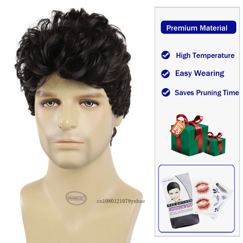 Synthetic Hair Black Wigs Short Curly Wig with Bangs for Men Male Layered Natural Heat Resistant Cosplay Halloween Daily Costume