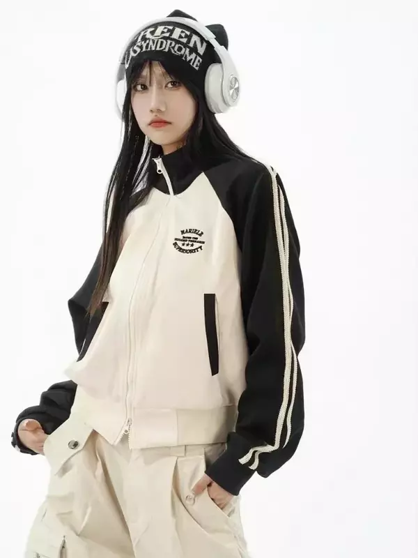 Patchwork kurze Jacke Frauen y2k Reiß verschluss Retro Track Outwear koreanische Streetwear Gorpcore Stand Kragen Streifen Jacken weiblich neu