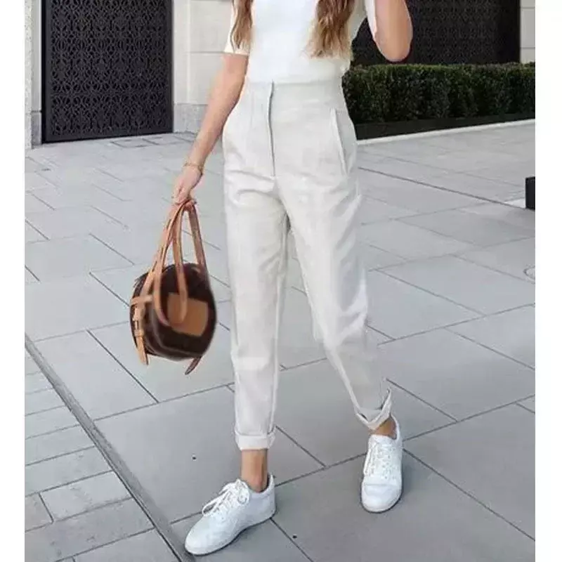 Vintage Women Pleated Straight Pants Autumn Office-lady Trousers Elegant Solid High-waist Fashion Pants with Pockets New 30060