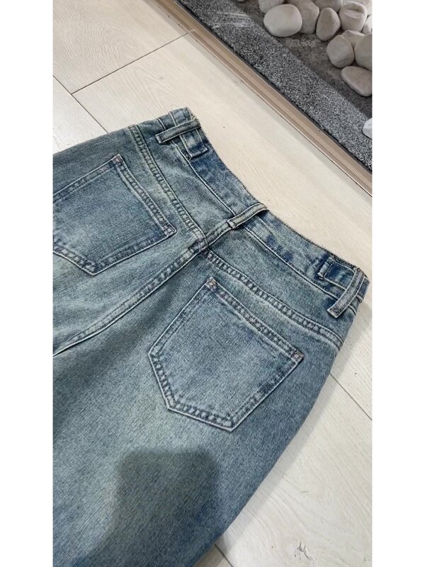 Feine Wörter Vintage weites Bein Niet Jeans Frauen kausal gewaschen lose Jeans hohe Taille koreanische Streetwear Jeans hose