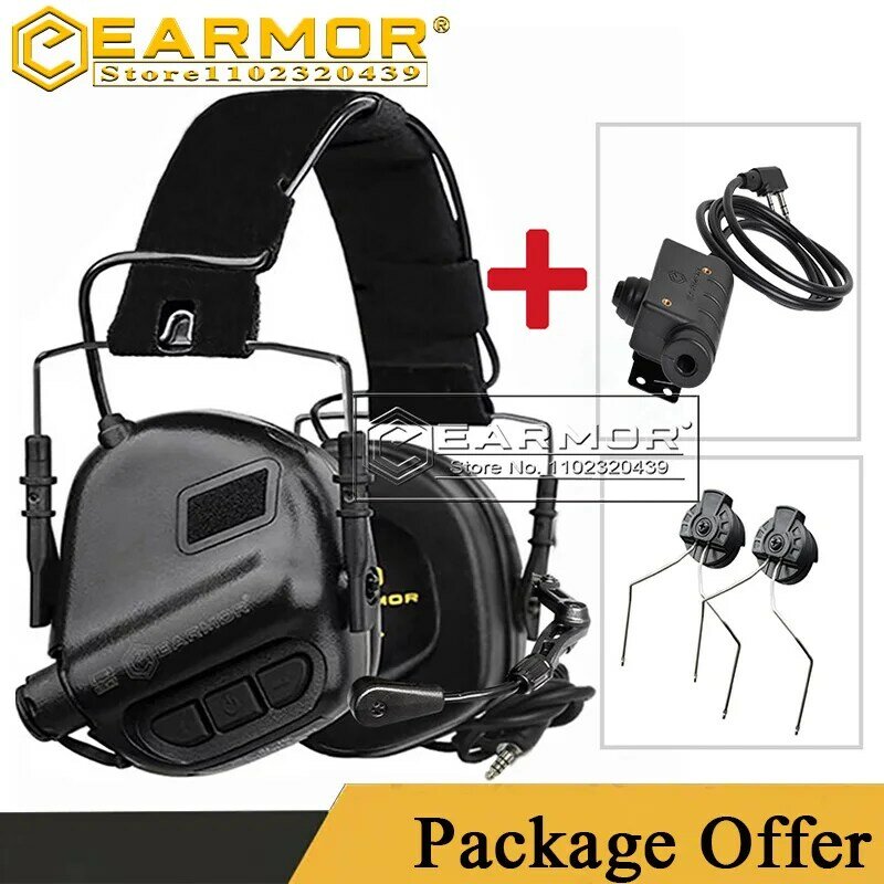 EARMOR M32 MOD3 Military Tactical Headset and M51 Tactical PTT and ARC Helmet Rail Adapter Active Fire Earmuffs