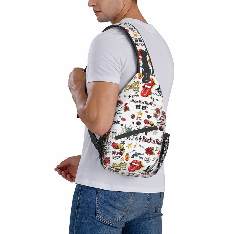 Rock N Roll Skulls Guitar Hippie Signs Crossbody Sling Bags Chest Bag Shoulder Backpack Daypack for Hiking Travel Sports Pack