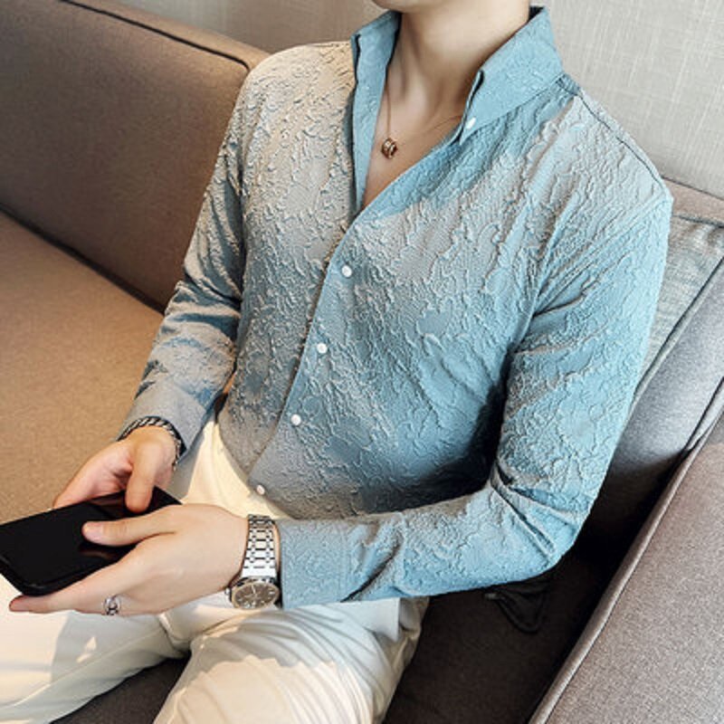 Рубашка мужская приталенная с длинным рукавом, роскошная деловая с V-образным вырезом, кружевная с цветочным принтом, корейский стиль, социал, 4XL