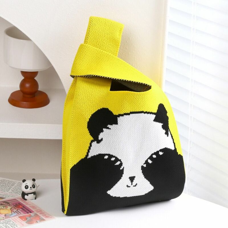 Borsa a mano in maglia con motivo Panda nuova borsa da polso con nodo ad alta capacità carina borsa a mano in maglia per studenti