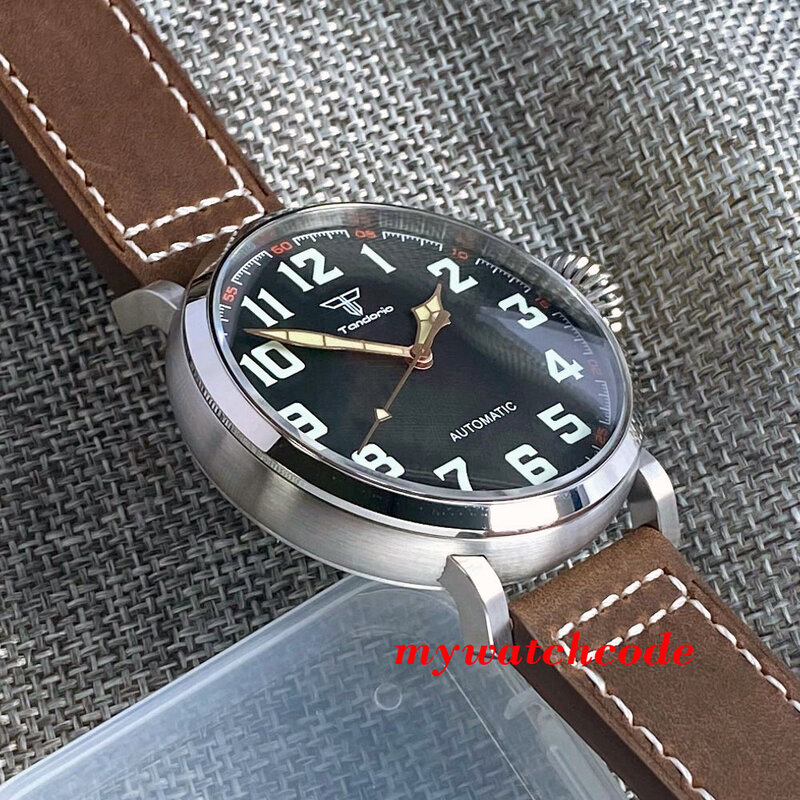 47mm Vinatge Tandorio NH35A PT5000 zegarek automatyczny dla mężczyzn świecąca czarna tarcza szafirowa stalowa zegar szafirowe szkło
