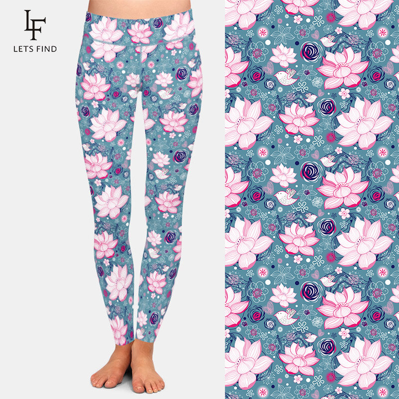Letsfind 2020 novas calças de fitness 3d textura de lotus imprimir leggings femininas cintura alta elástico treino leggings completos