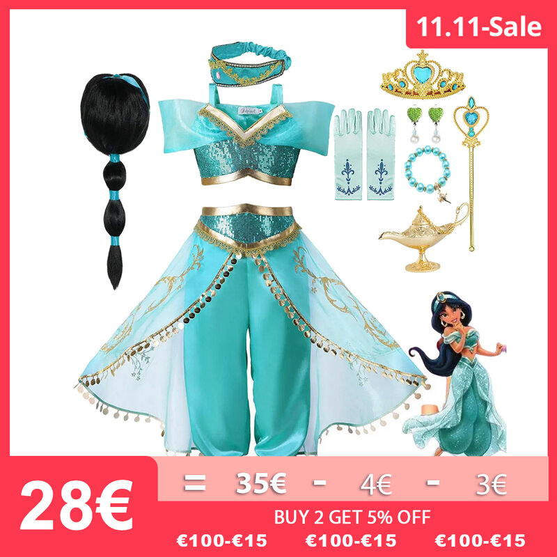 Disney-meninas Jasmine Dress, Aladdin Princess, Magic Lamp, Carnaval Vestuário, Halloween Party, Cosplay Costume, 2024