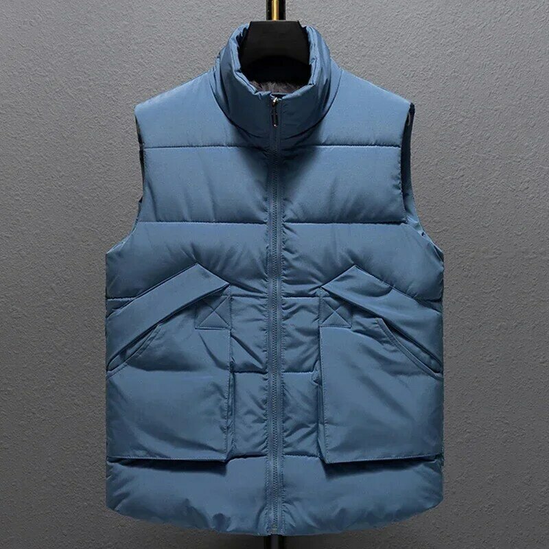 Autumn Winter Men's Vest 2023 New Casual Zipper Warm Stand Collar Cotton Padded Sleeveless Jackets with Big Pockets