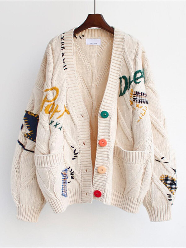 새로운 레이지 스타일 손 자수 스웨터, 느슨한 짧은 스웨터 재킷 카디건, 여성 대형 카디건 스웨터, 2022 가을 겨울