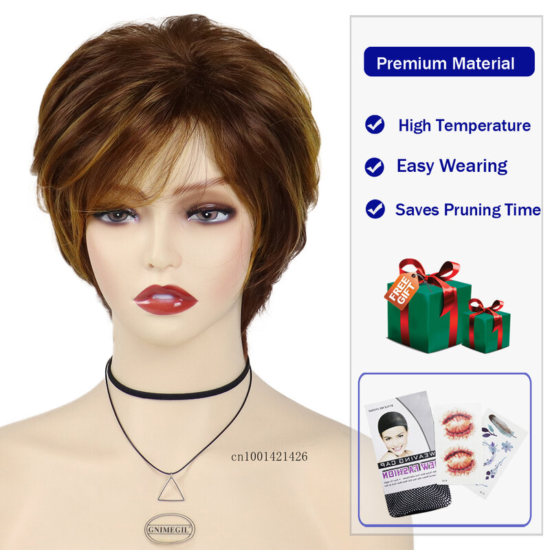 Mix Auburn Wig with Bang Synthetic Short Womens Wig Red Brown Natural Wigs Mother Gifts Casual Hairstyle Costume Layered Haircut