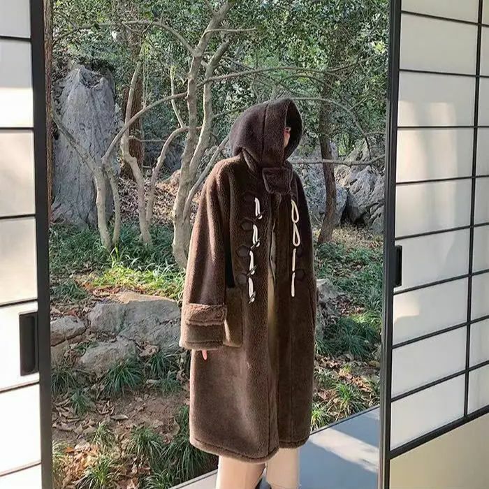 Manteau ours en peluche à capuche en fausse fourrure pour femme, bouton en corne coréenne, laine, cachemire, manches longues, veste d'hiver décontractée